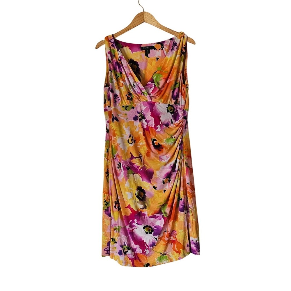 Ralph Lauren Floral Ruched Sheath‎ Dress Plus Size 16 V Neck Bold Tropical Print
